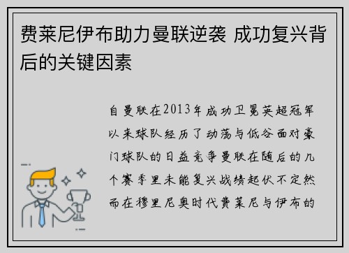 费莱尼伊布助力曼联逆袭 成功复兴背后的关键因素